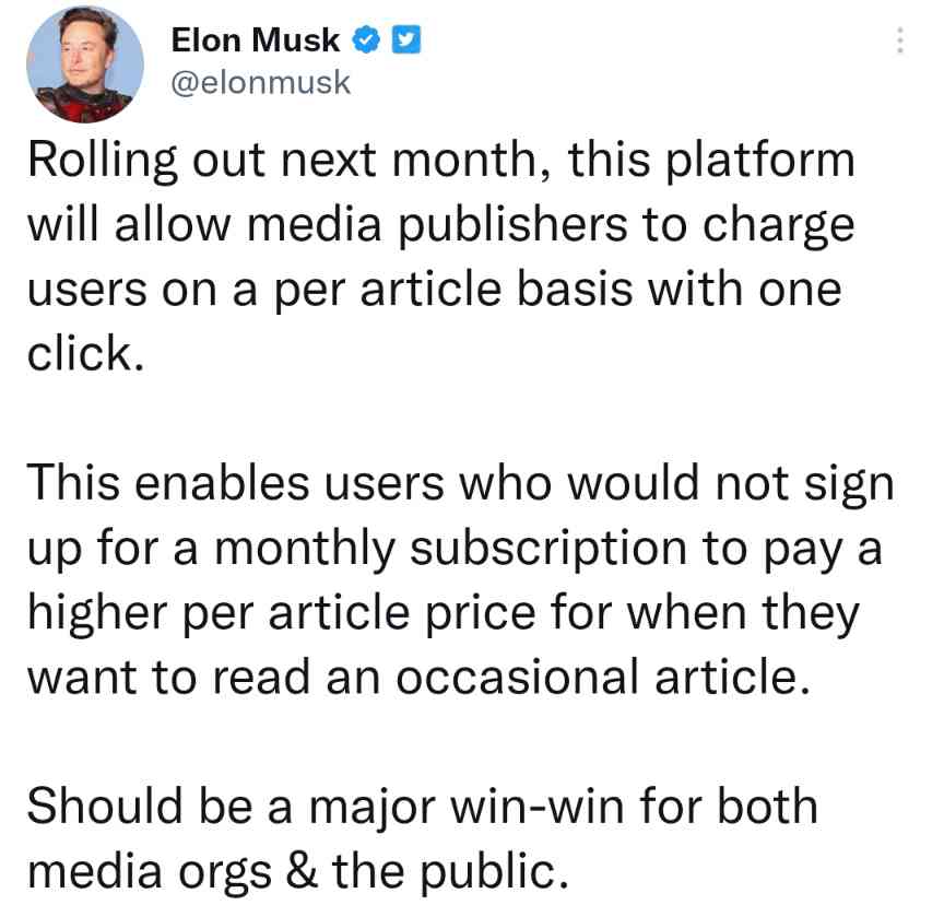 Elon Musk's New Twitter Feature That Lets You Pay Pay a One-time Fee to Access Specific Articles. | MirrorLog